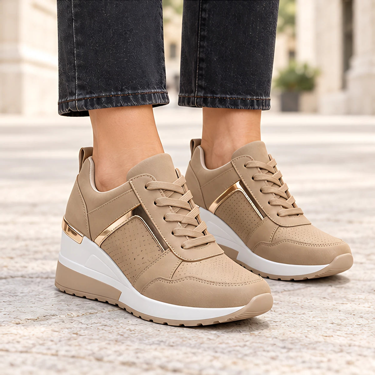 Aderyn Women's Perforated Wedge Rise Sneakers - Brown - wapfoot - Eric Muller - Image 3