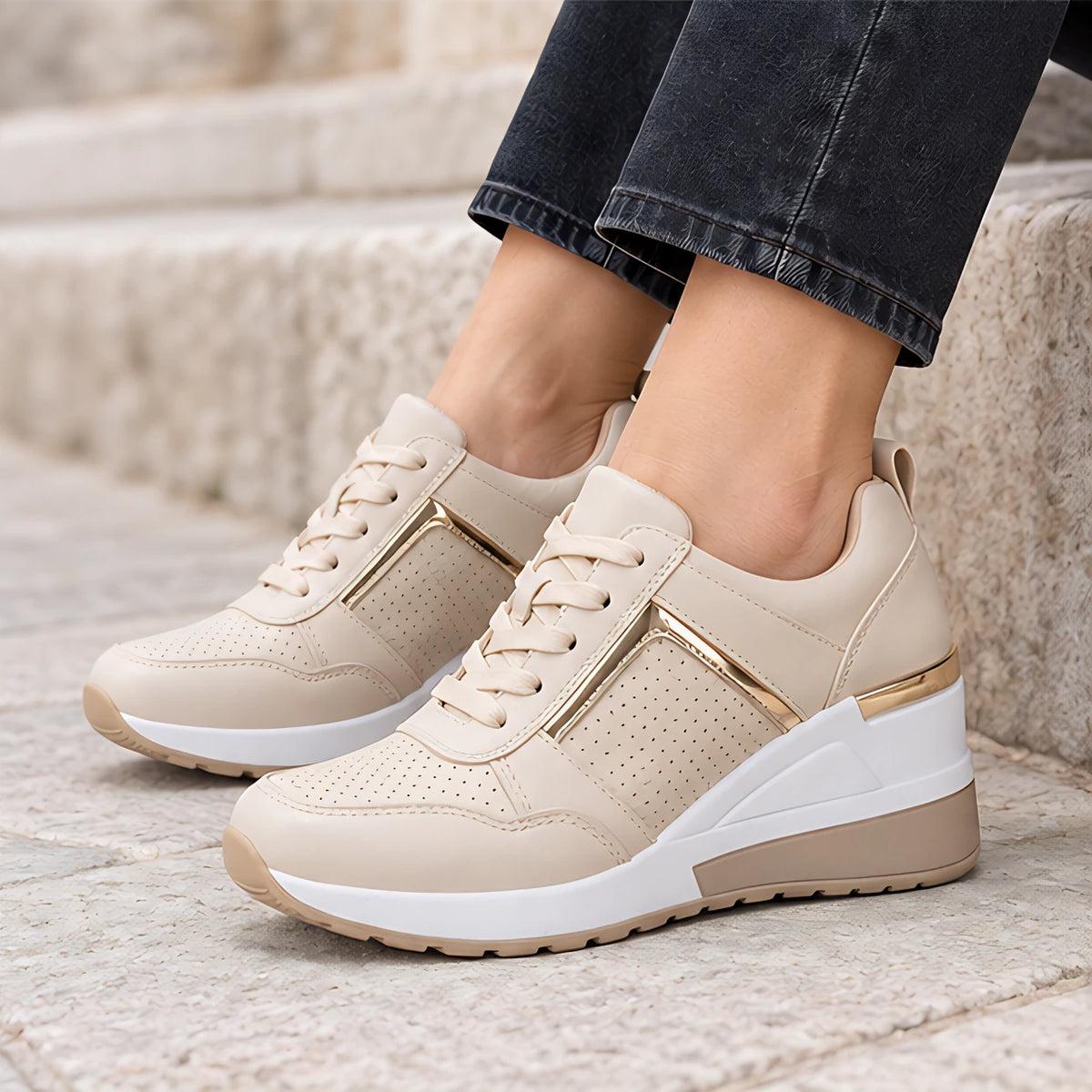 Aderyn Women's Perforated Wedge Rise Sneakers - Beige - Sneakers - Eric Muller - Image 4