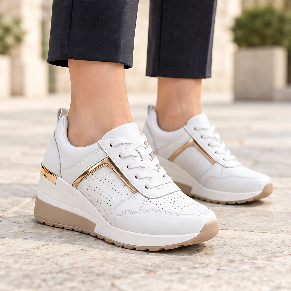 Aderyn Women's Perforated Wedge Rise Sneakers - White - wapfoot - Eric Muller - Image 3