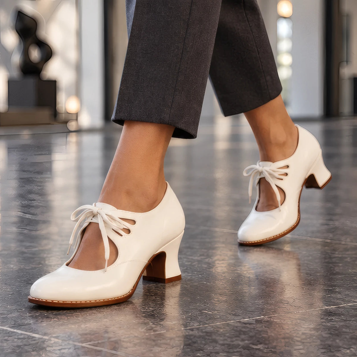 Anastasia Women's Sculpted-Heel Leather Pumps - White - Women's Footwear > Heels > Lace-Up Pumps - Eric Muller - Image 2
