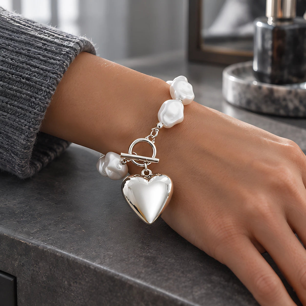 Araminta Women's Baroque-Style Pearl Heart Charm Bracelet - Silver - Jewelry > Bracelets > Pearl Charm Bracelets - Eric Muller - Image 1