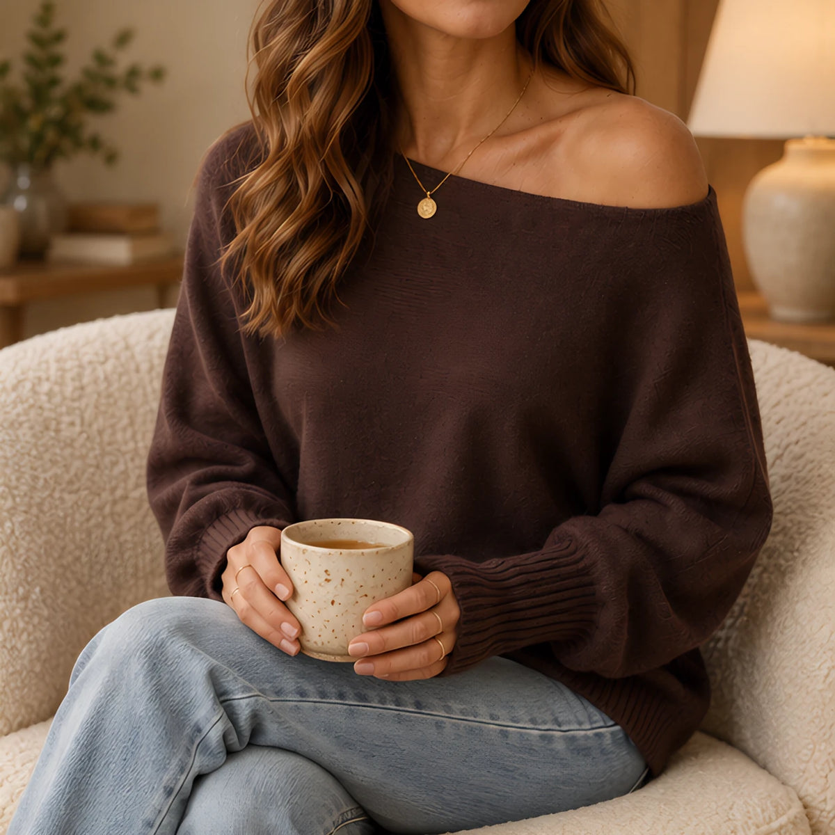 Aurette Off-Shoulder Draped Sweater - Dark Brown - Catalog Group: Clothing - Eric Muller - Image 2