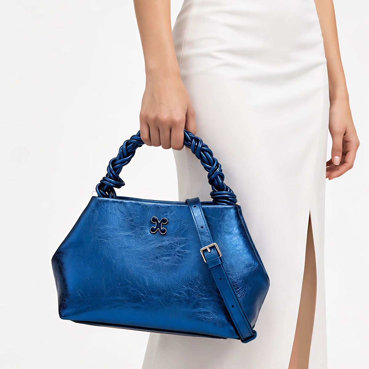 Aurevia Women's Braided-Handle Metallic Leather Bag - Blue - Women's Accessories > Bags > Shoulder Bags - Eric Muller - Image 2