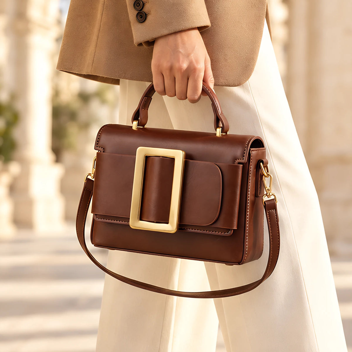 Azelie Women's Glossy Leather Box Crossbody Bag - Brown - Women's Accessories > Bags > Crossbody Bags - Eric Muller - Image 1