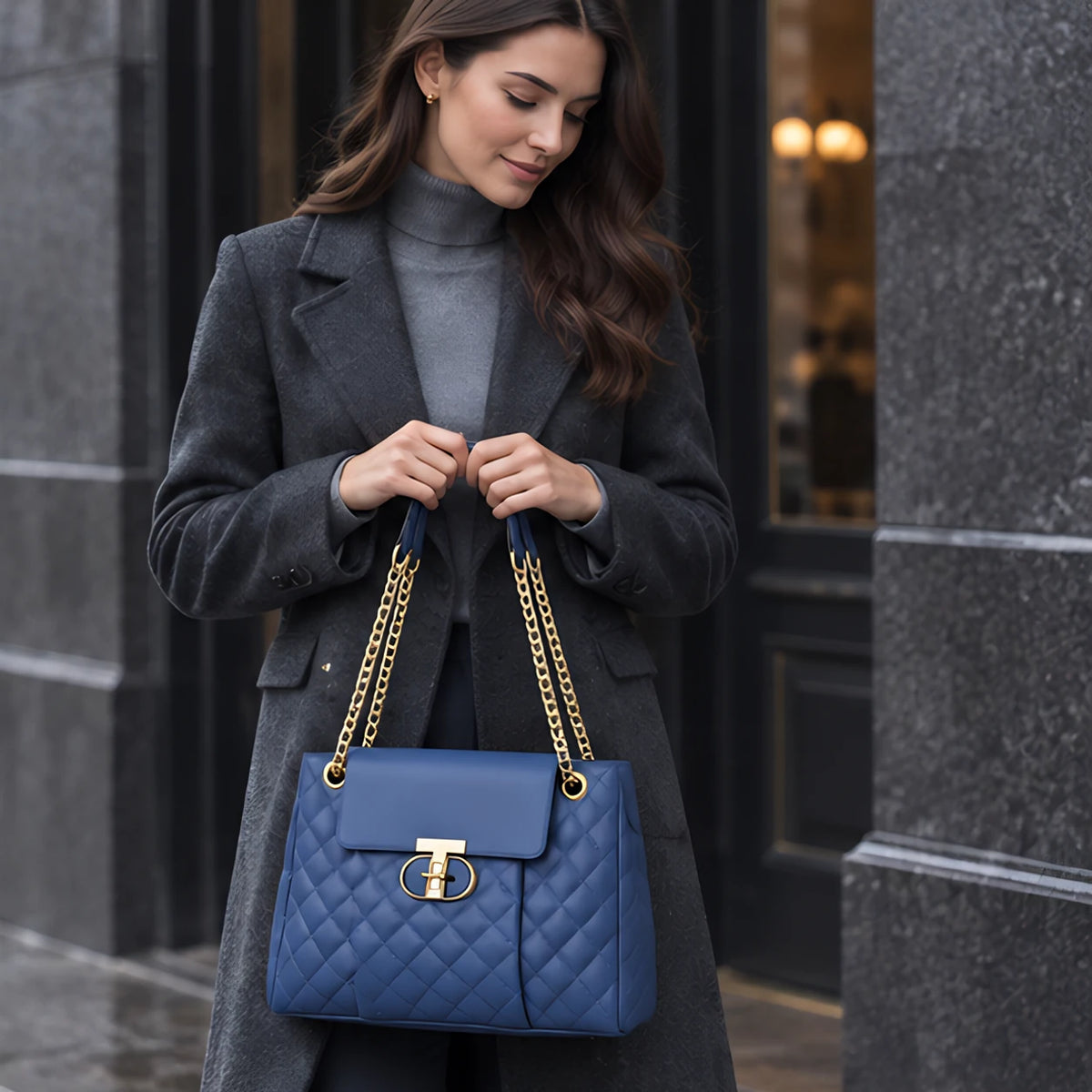 Belladine Structured Quilted Handbag - Navy Blue - Accessories > Handbags > Quilted Handbags - Eric Muller - Image 1