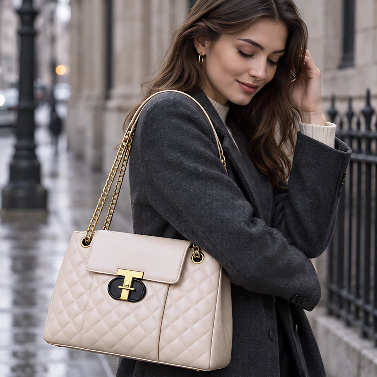 Belladine Structured Quilted Handbag - Pearl - Accessories > Handbags > Quilted Handbags - Eric Muller - Image 1