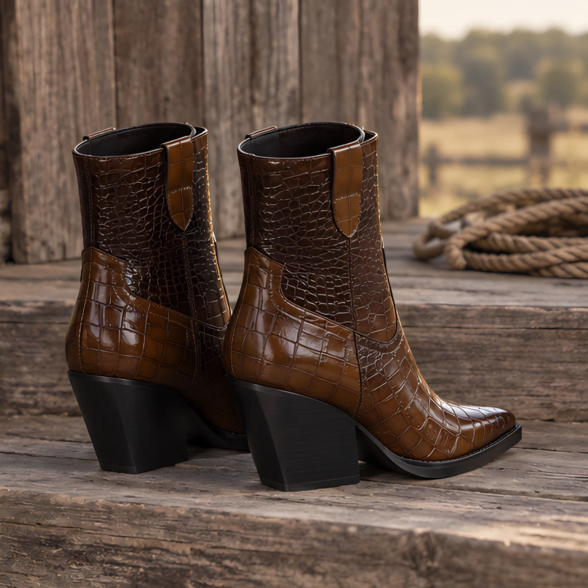 Bellerose Women's Croc-Embossed Western Boots - Dark Brown - ankle boots - Eric Muller - Image 2