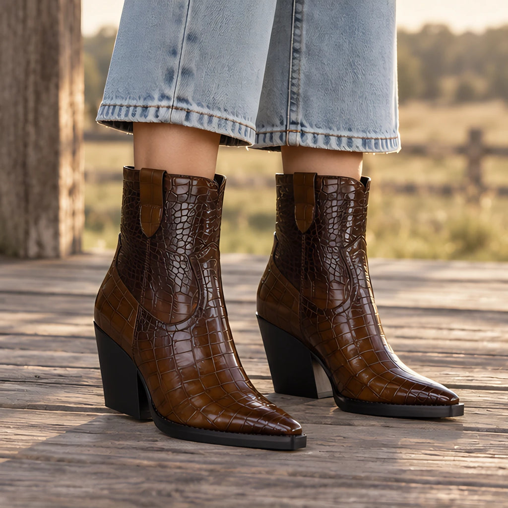 Bellerose Women's Croc-Embossed Western Boots - Dark Brown - Women's Footwear > Boots > Western Boots - Eric Muller - Image 1