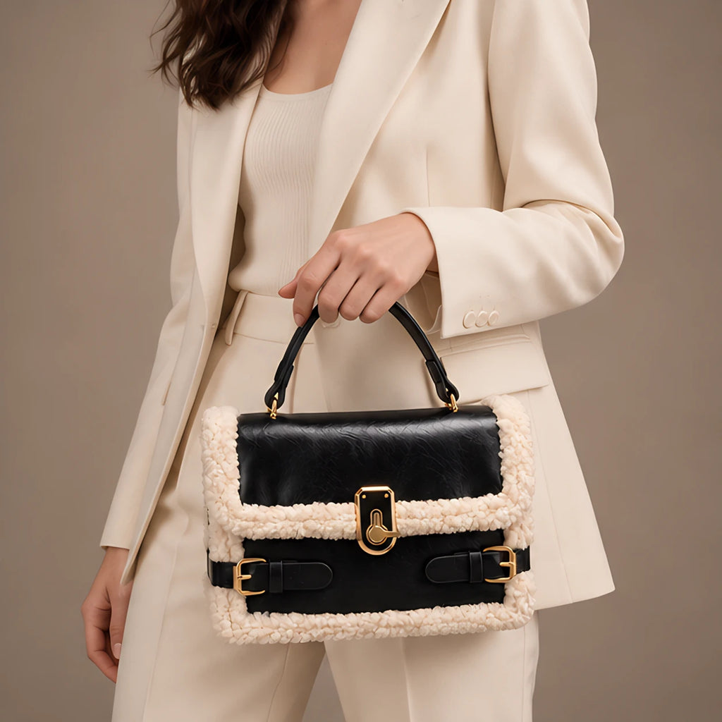 Caledonia Women's Shearling-Trim Leather Handbag - Black - bag - Eric Muller - Image 2