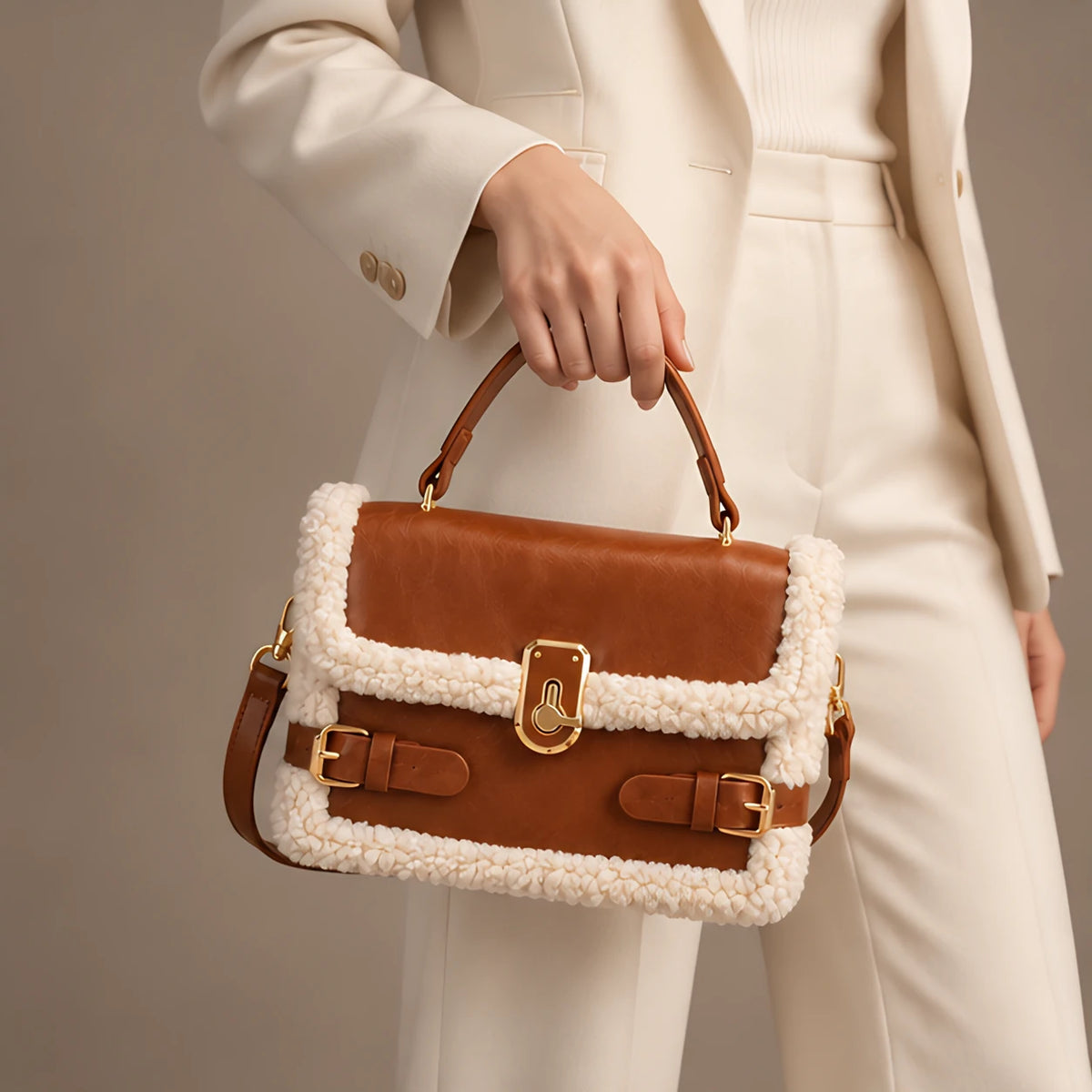 Caledonia Women's Shearling-Trim Leather Handbag - Light Brown - bag - Eric Muller - Image 2
