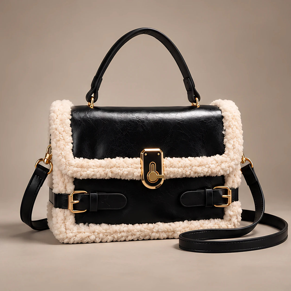 Caledonia Women's Shearling-Trim Leather Handbag - Black - Women's Accessories > Bags > Convertible Handbags - Eric Muller - Image 1