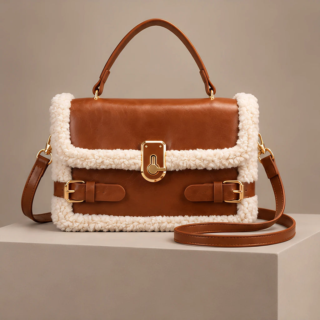 Caledonia Women's Shearling-Trim Leather Handbag - Light Brown - shoulder bag - Eric Muller - Image 4