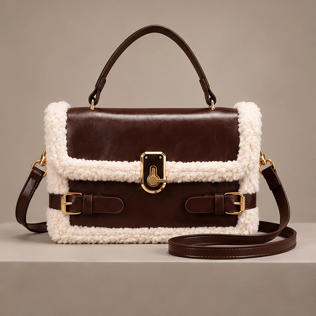 Caledonia Women's Shearling-Trim Leather Handbag - Brown - shoulder bag - Eric Muller - Image 4
