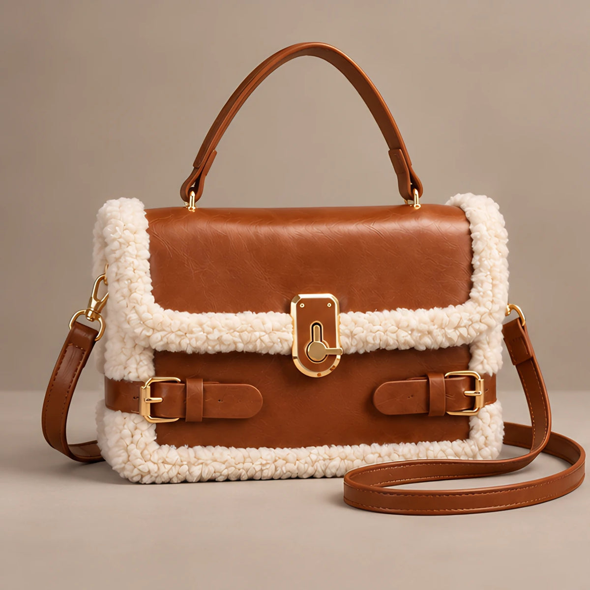 Caledonia Women's Shearling-Trim Leather Handbag - Light Brown - Women's Accessories > Bags > Convertible Handbags - Eric Muller - Image 1