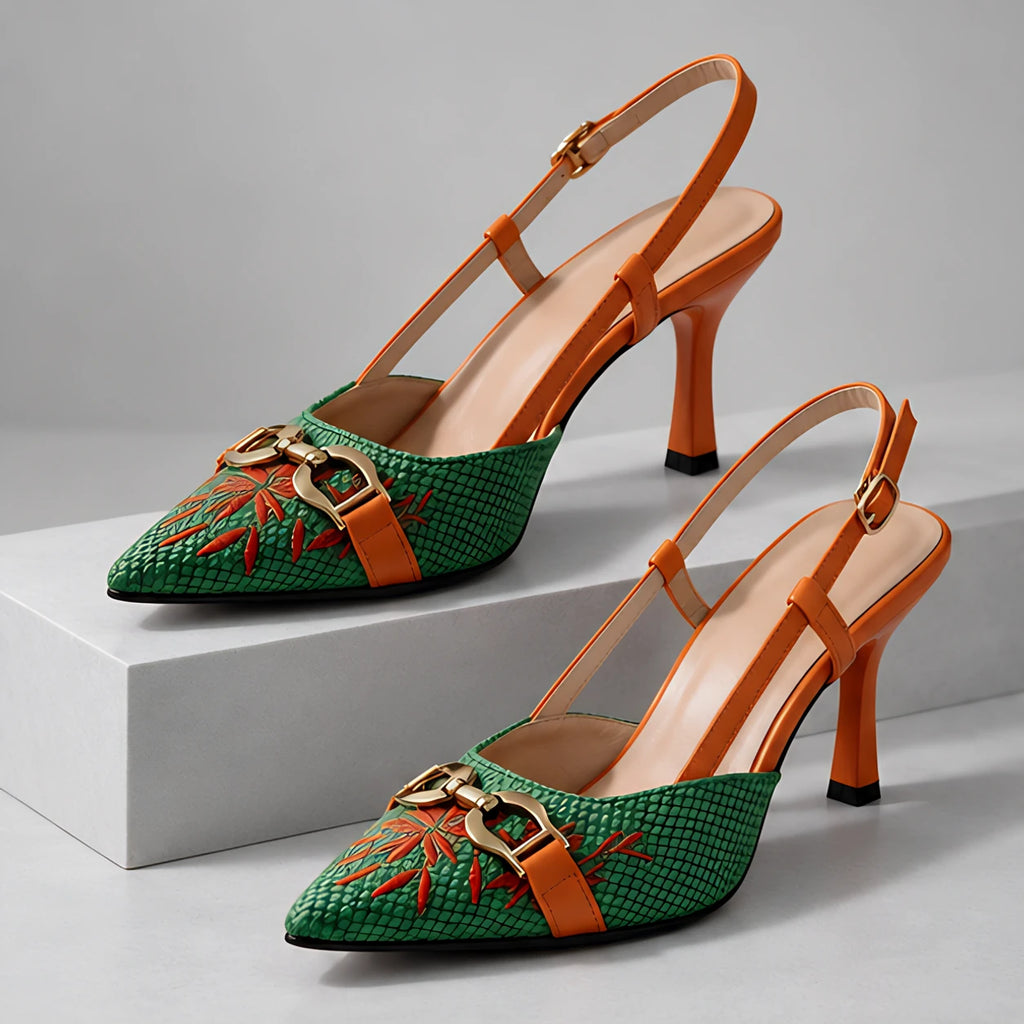 Calvera Embroidered Pointed-Toe Slingback Pumps - Emerald - Women's Footwear > Heels > Slingback Heels - Eric Muller - Image 1