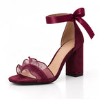 Cerise Women's Suede Block Heel Sandals with Ruffle Toe Straps - Burgundy - Footwear > Sandals > Block Heel Sandals - Eric Muller - Image 1