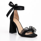 Cerise Women's Suede Block Heel Sandals with Ruffle Toe Straps - Black - Footwear > Sandals > Block Heel Sandals - Eric Muller - Image 1