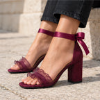Cerise Women's Suede Block Heel Sandals with Ruffle Toe Straps - Burgundy - wapfoot - Eric Muller - Image 3