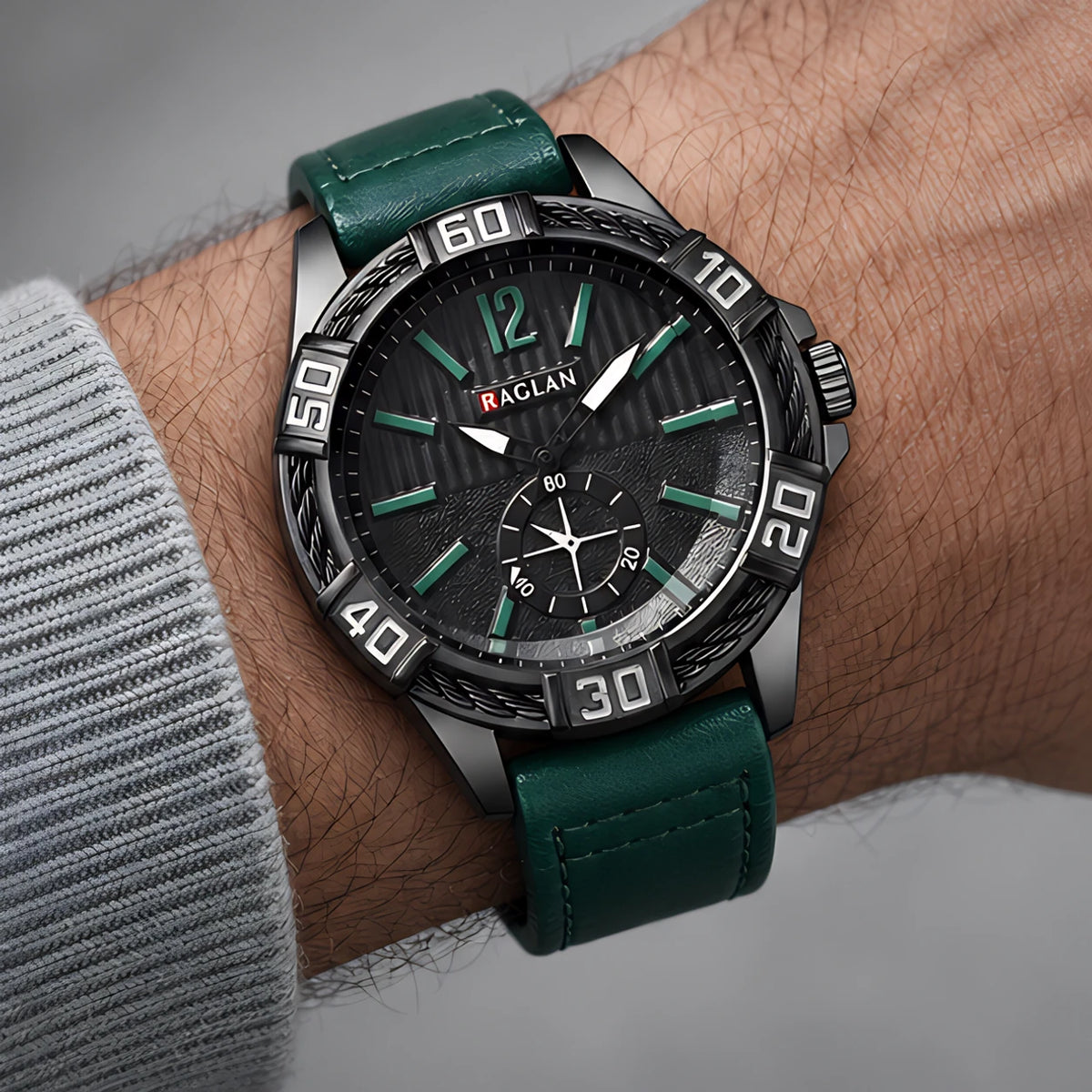 Dalston Men's 44mm Round Dial Watch with Genuine Leather Band - Green - Accessories > Watches > Leather Band Analog Watches - Eric Muller - Image 3