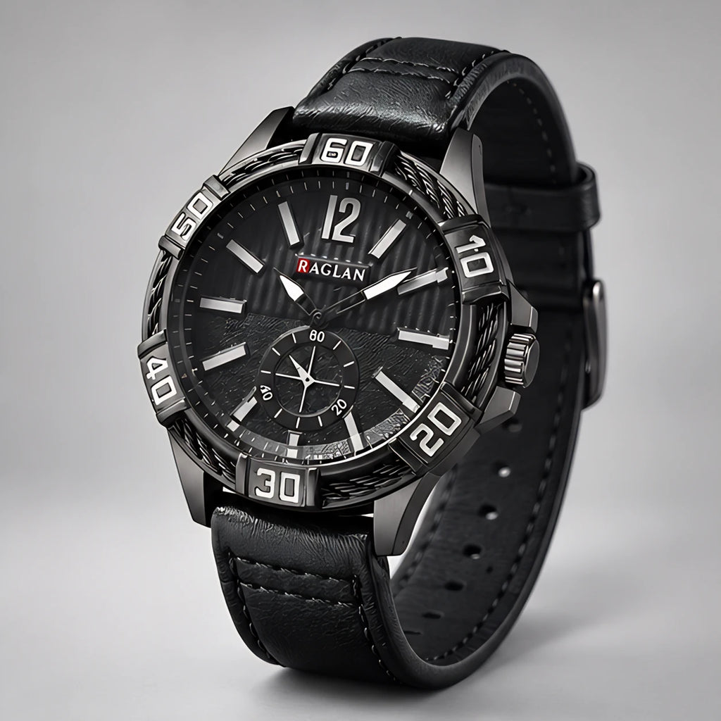 Dalston Men's 44mm Round Dial Watch with Genuine Leather Band - Black - Accessories > Watches > Leather Band Analog Watches - Eric Muller - Image 1