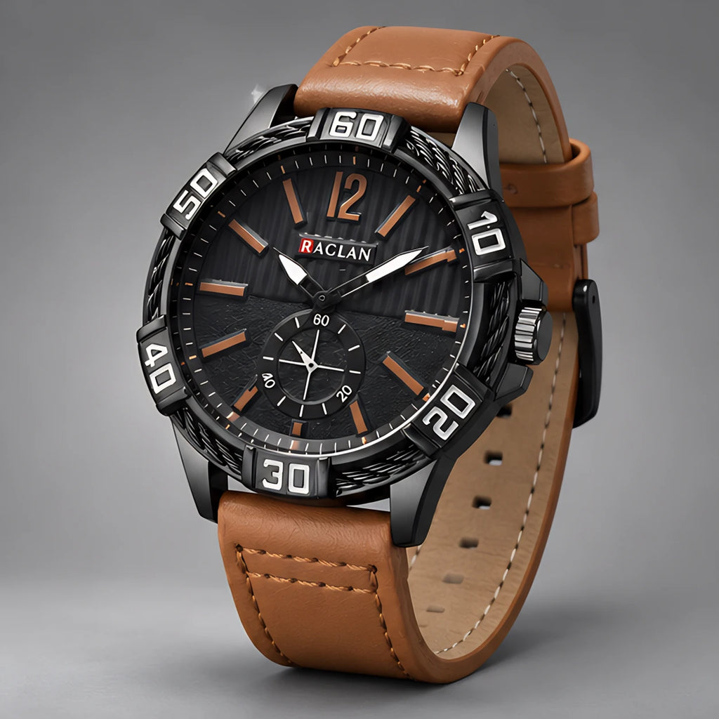 Dalston Men's 44mm Round Dial Watch with Genuine Leather Band - Brown - Accessories > Watches > Leather Band Analog Watches - Eric Muller - Image 1