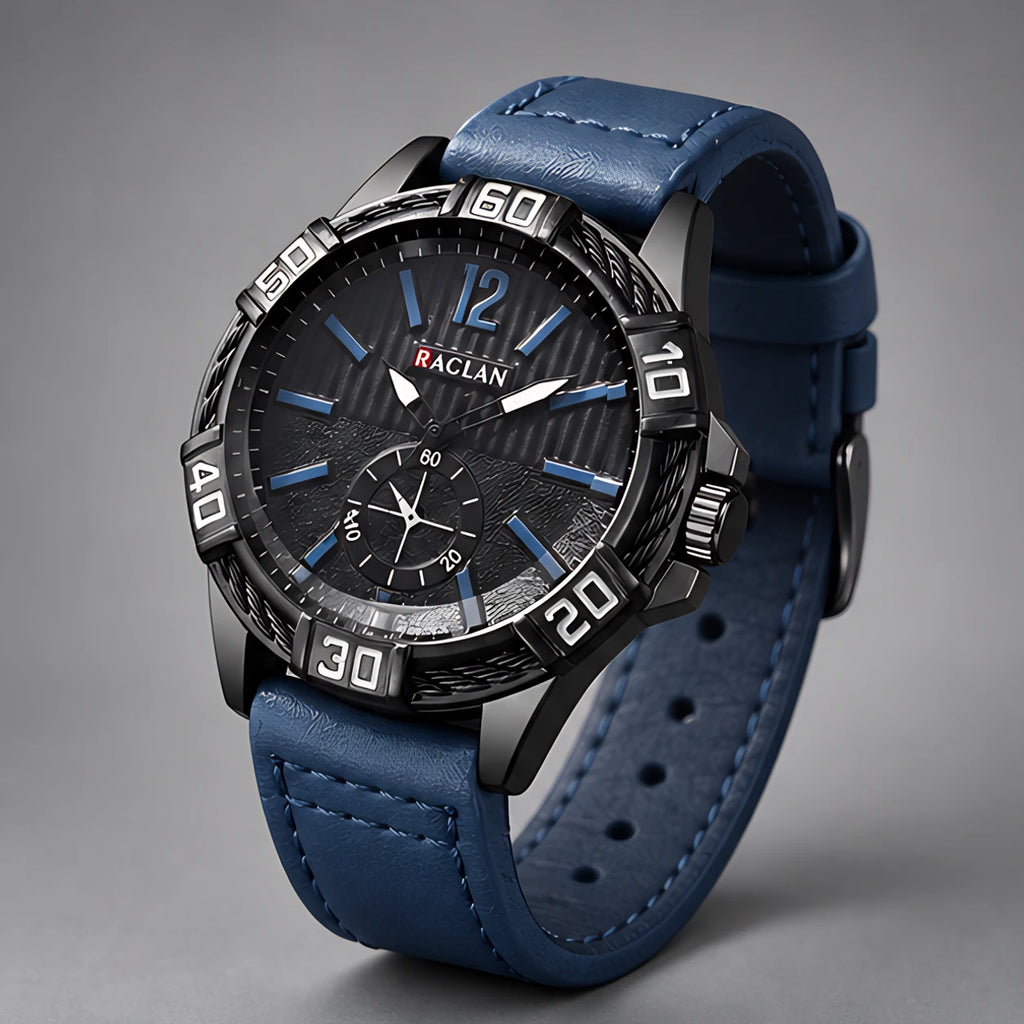 Dalston Men's 44mm Round Dial Watch with Genuine Leather Band - Blue - Accessories > Watches > Leather Band Analog Watches - Eric Muller - Image 1