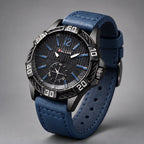 Dalston Men's 44mm Round Dial Watch with Genuine Leather Band - Blue - Accessories > Watches > Leather Band Analog Watches - Eric Muller - Image 1