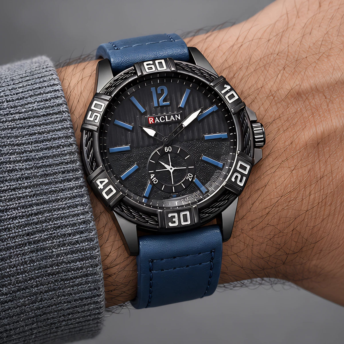 Dalston Men's 44mm Round Dial Watch with Genuine Leather Band - Blue - Accessories > Watches > Leather Band Analog Watches - Eric Muller - Image 3