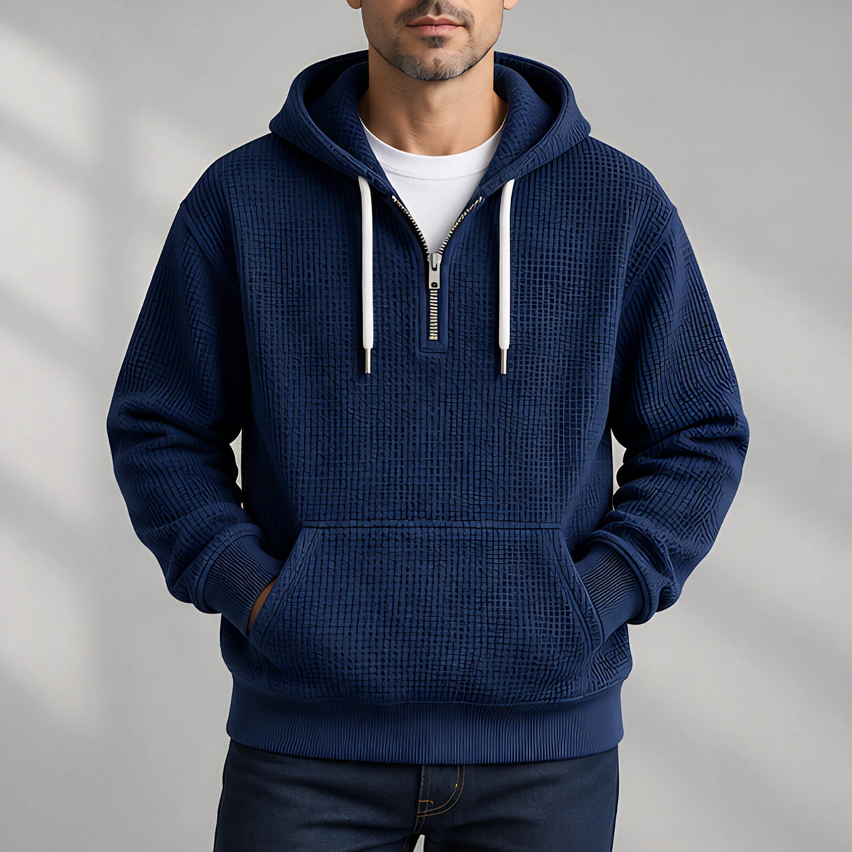 Darrow Men's Waffle-Knit Half-Zip Hoodie - Navy - Clothing > Tops > Hoodies > Half-Zip Hoodies - Eric Muller - Image 2