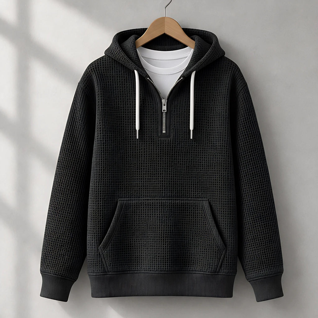 Darrow Men's Waffle-Knit Half-Zip Hoodie - Black - Clothing > Tops > Hoodies > Half-Zip Hoodies - Eric Muller - Image 1