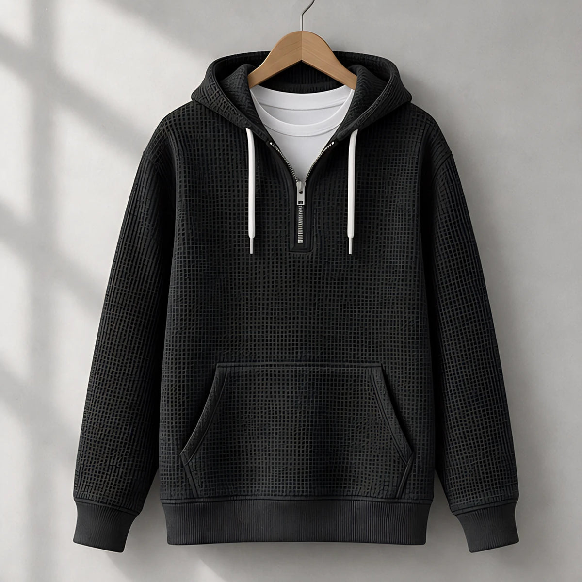 Darrow Men's Waffle-Knit Half-Zip Hoodie - Black - Clothing > Tops > Hoodies > Half-Zip Hoodies - Eric Muller - Image 1