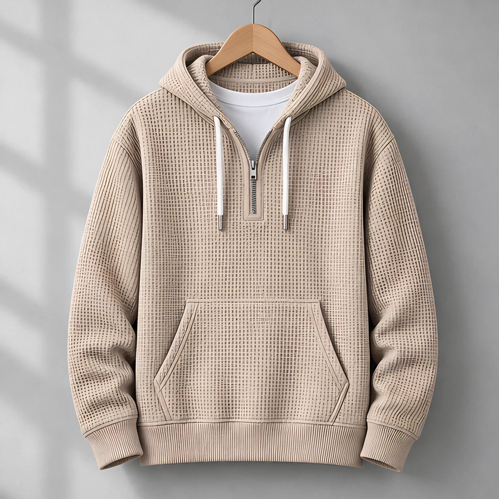 Darrow Men's Waffle-Knit Half-Zip Hoodie - Khaki - Clothing > Tops > Hoodies > Half-Zip Hoodies - Eric Muller - Image 1