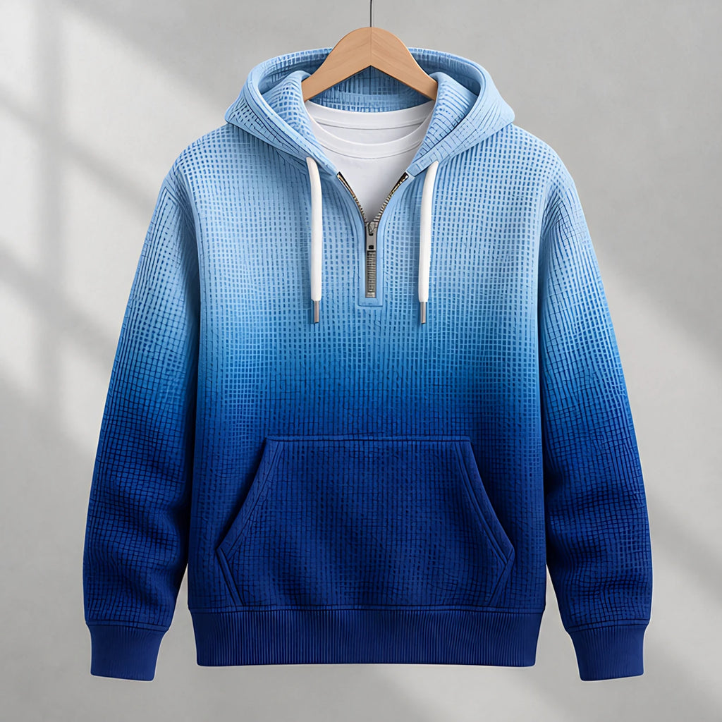 Darrow Men's Waffle-Knit Half-Zip Hoodie - Blue - Clothing > Tops > Hoodies > Half-Zip Hoodies - Eric Muller - Image 1