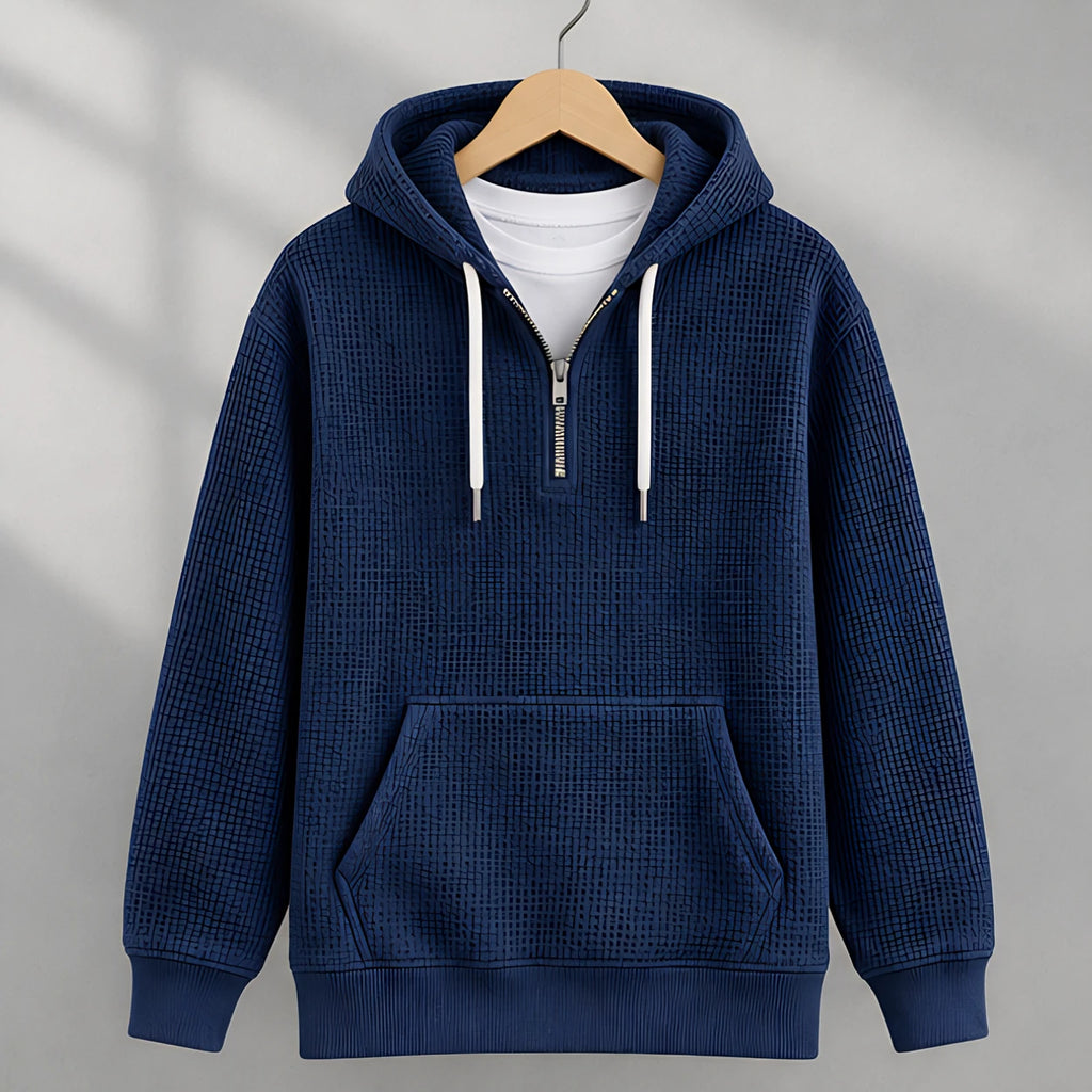 Darrow Men's Waffle-Knit Half-Zip Hoodie - Navy - Clothing > Tops > Hoodies > Half-Zip Hoodies - Eric Muller - Image 1
