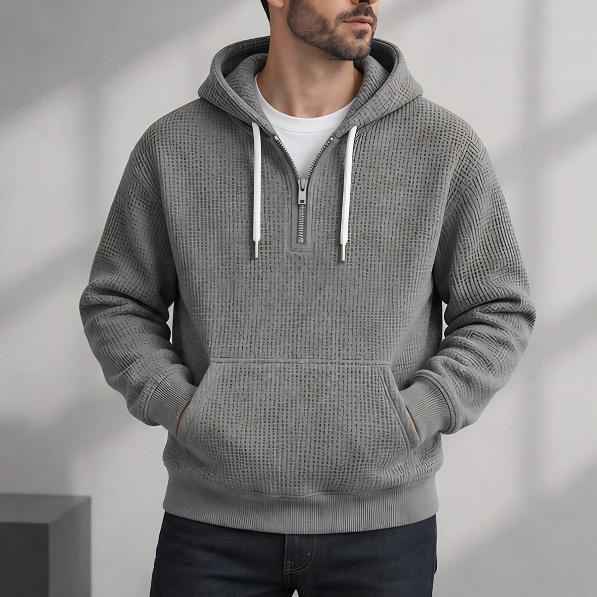 Darrow Men's Waffle-Knit Half-Zip Hoodie - Gray - Clothing > Tops > Hoodies > Half-Zip Hoodies - Eric Muller - Image 2