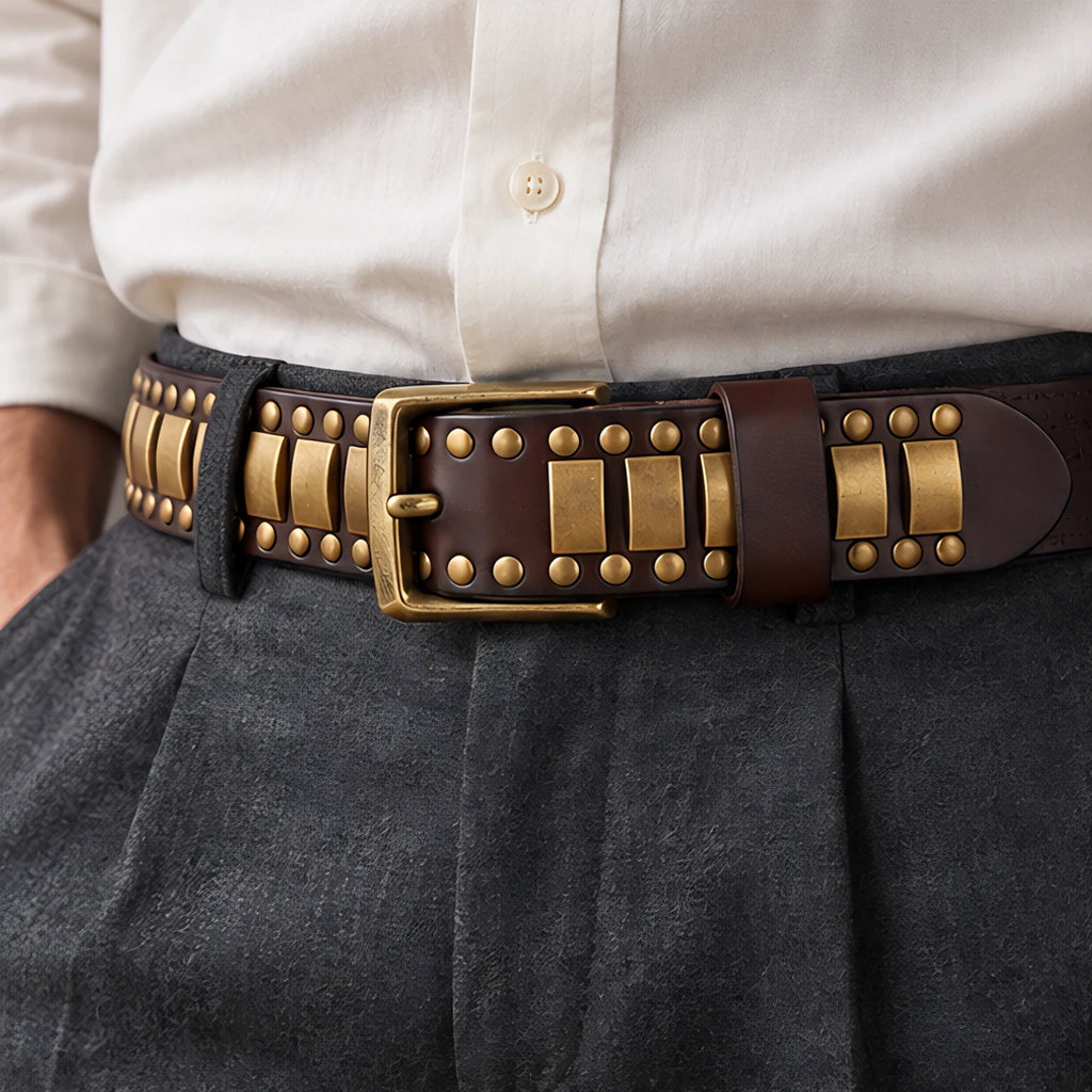 Dorian Men's Genuine Leather Statement Belt - Brown - Accessories > Belts > Studded Leather Belts - Eric Muller - Image 1
