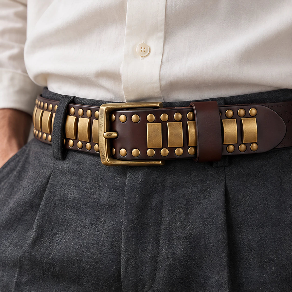 Dorian Men's Genuine Leather Statement Belt - Brown - Accessories > Belts > Studded Leather Belts - Eric Muller - Image 1