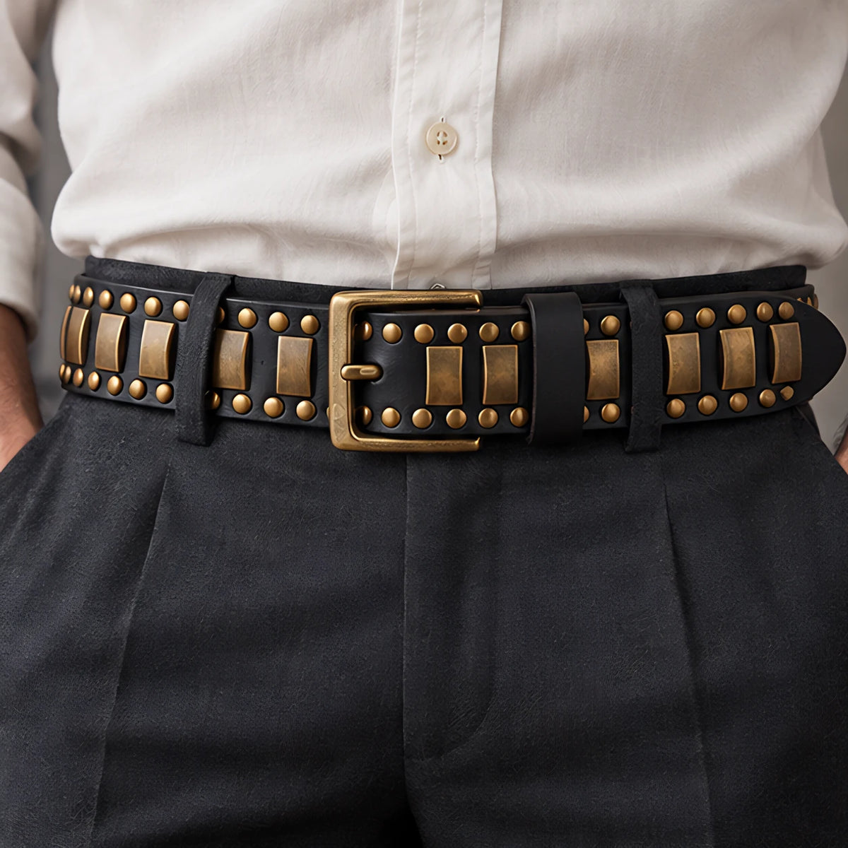 Dorian Men's Genuine Leather Statement Belt - Black - Accessories > Belts > Studded Leather Belts - Eric Muller - Image 1