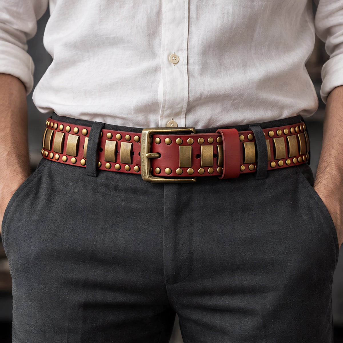Dorian Men's Genuine Leather Statement Belt - Red - Accessories > Belts > Studded Leather Belts - Eric Muller - Image 1