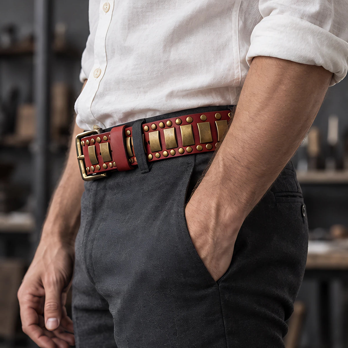 Dorian Men's Genuine Leather Statement Belt - Red - Accessories > Belts > Studded Leather Belts - Eric Muller - Image 2