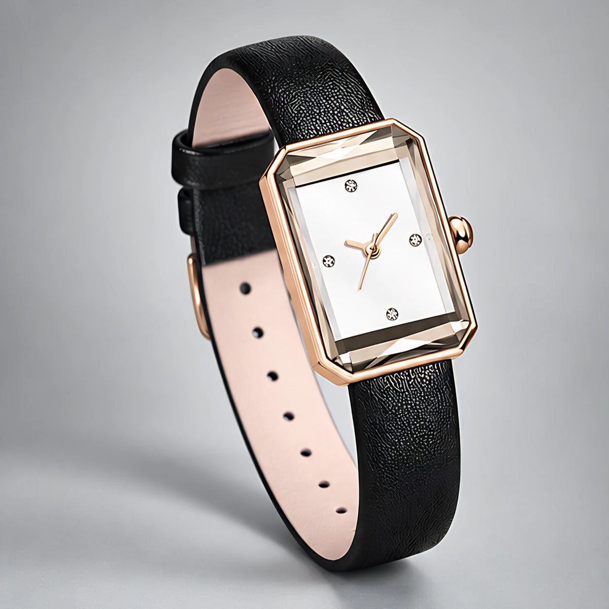Elaris Women's Rectangular Leather Strap Quartz Watch - Piano Black - Accessories > Watches > Rectangular Quartz Watches - Eric Muller - Image 1