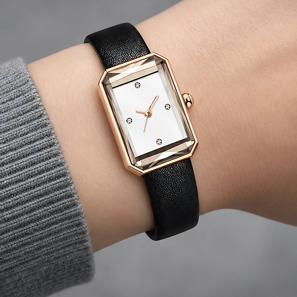 Elaris Women's Rectangular Leather Strap Quartz Watch - Piano Black - Accessories > Watches > Rectangular Quartz Watches - Eric Muller - Image 3