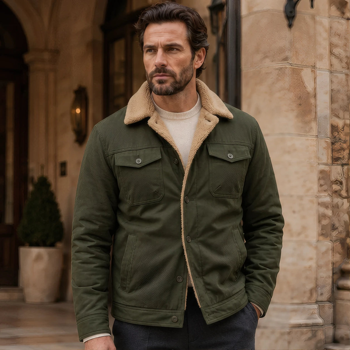 Ellsworth Men's Sherpa Collar Utility Jacket - Green - Men's Clothing > Outerwear > Utility Jackets - Eric Muller - Image 1