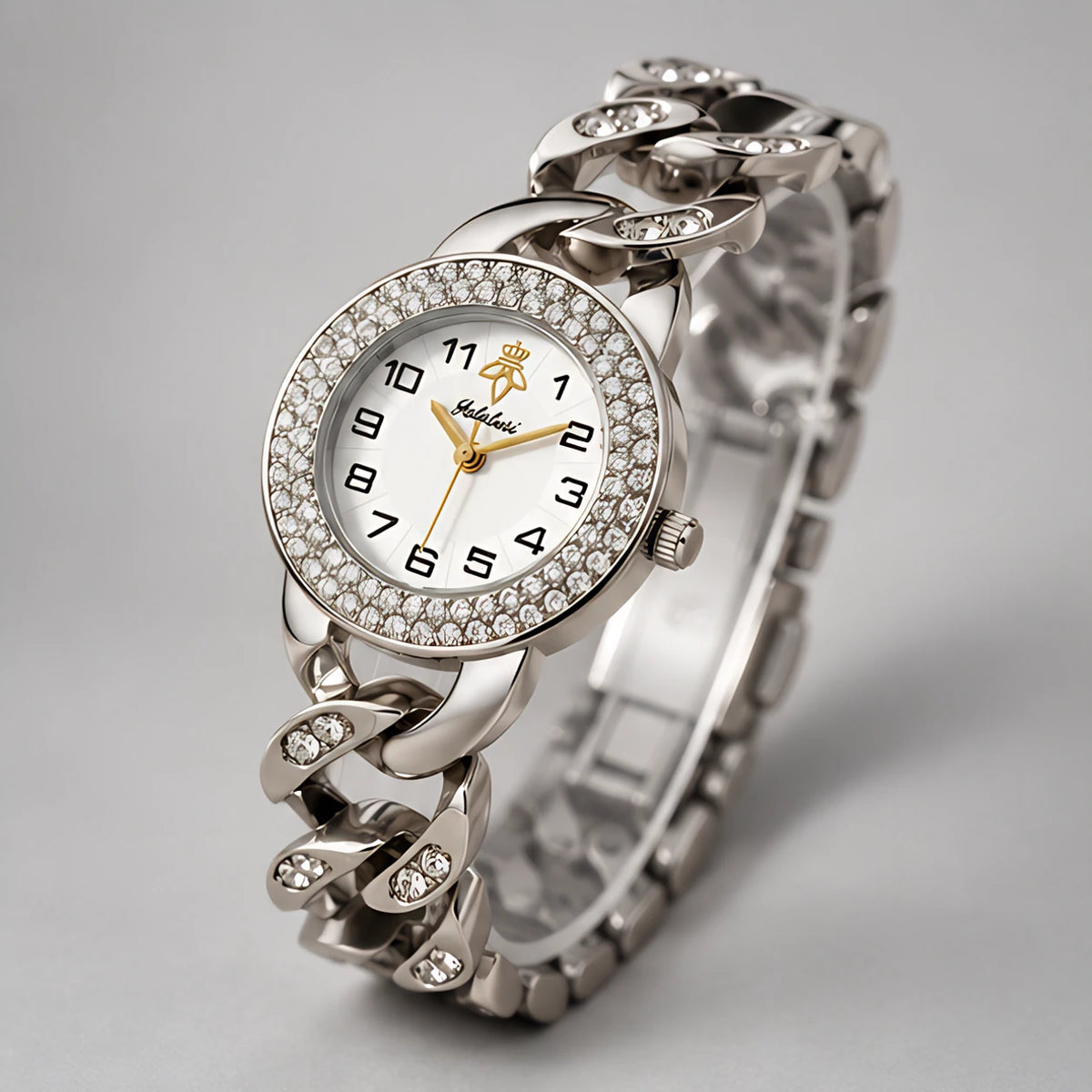 Evanthe Women's Round Crystal Bezel Chain Bracelet Watch - Silver- White - Accessories > Jewelry > Bracelet Watches - Eric Muller - Image 1