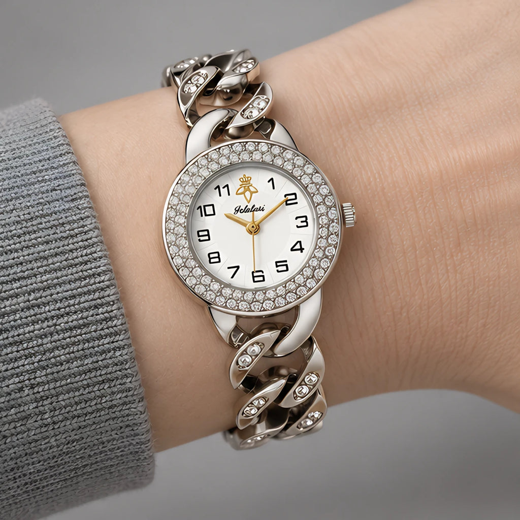 Evanthe Women's Round Crystal Bezel Chain Bracelet Watch - Silver- White - female - Eric Muller - Image 3