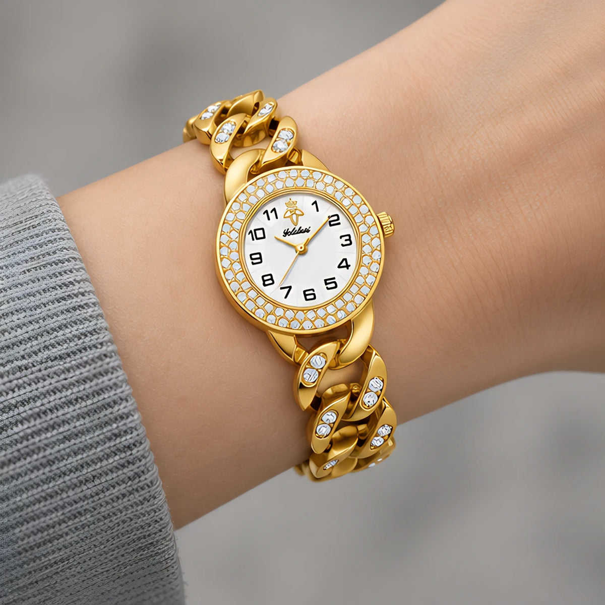 Evanthe Women's Round Crystal Bezel Chain Bracelet Watch - Gold- White - Accessories > Jewelry > Bracelet Watches - Eric Muller - Image 2