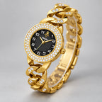 Evanthe Women's Round Crystal Bezel Chain Bracelet Watch - Gold- Black - Accessories > Jewelry > Bracelet Watches - Eric Muller - Image 1