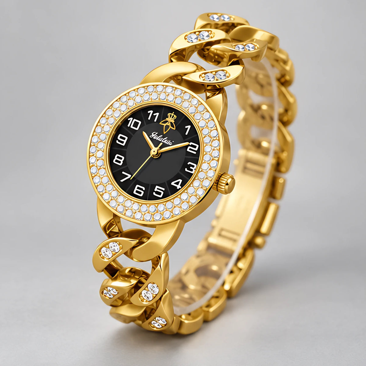 Evanthe Women's Round Crystal Bezel Chain Bracelet Watch - Gold- Black - Accessories > Jewelry > Bracelet Watches - Eric Muller - Image 1