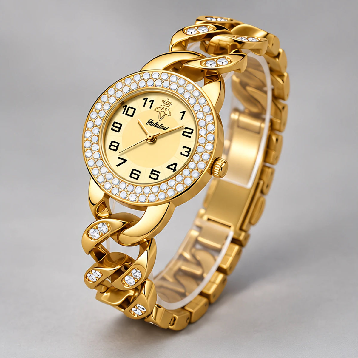 Evanthe Women's Round Crystal Bezel Chain Bracelet Watch - Gold- Gold - Accessories > Jewelry > Bracelet Watches - Eric Muller - Image 1