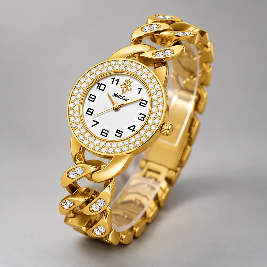 Evanthe Women's Round Crystal Bezel Chain Bracelet Watch - Gold- White - Accessories > Jewelry > Bracelet Watches - Eric Muller - Image 1